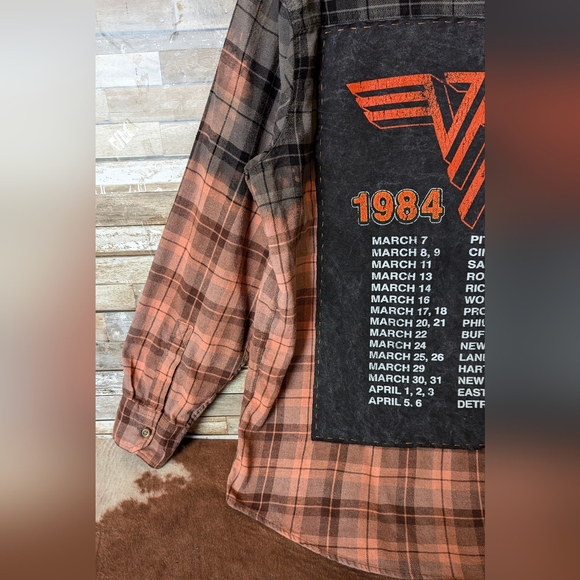 Van Halen World Tour 1984 Upcycled Dip Dye Bleach Flannel Shirt - Picture 6 of 15